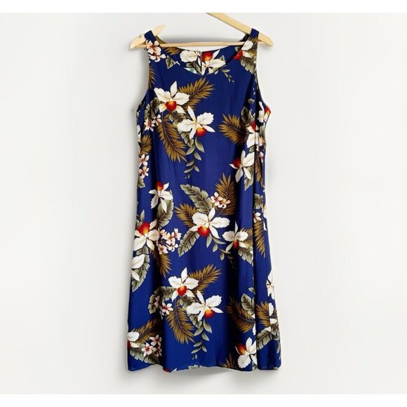 Two Palms Made in Hawaii Sleeveless Midi Dress Size XL Blue Travel Tropical - Picture 1 of 7